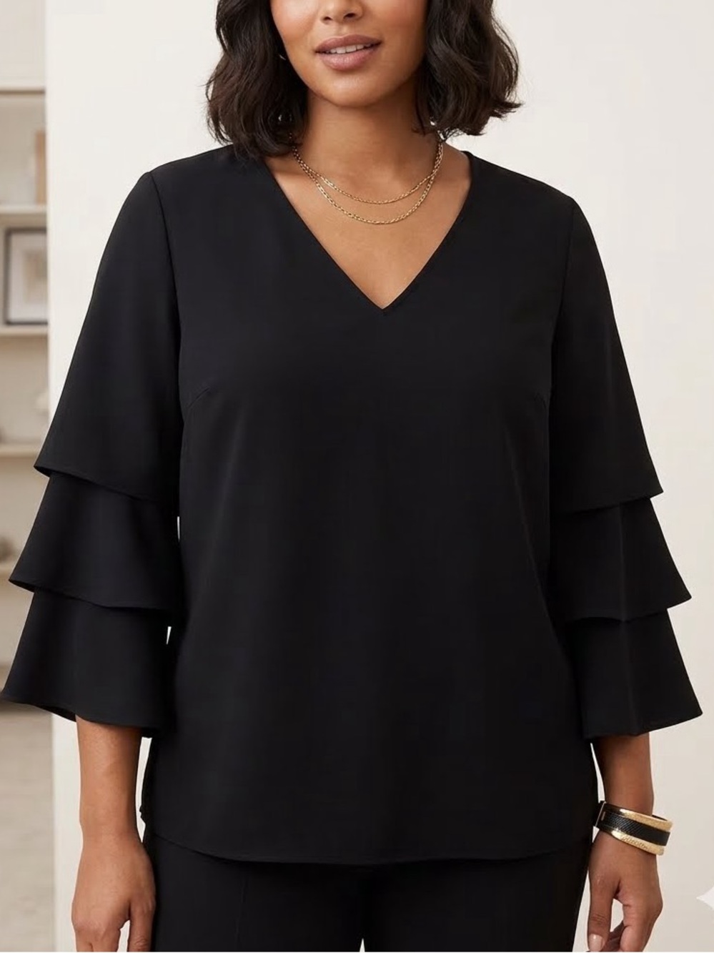 Lafayette 148 New York Black V-Neck Tiered Sleeve Blouse